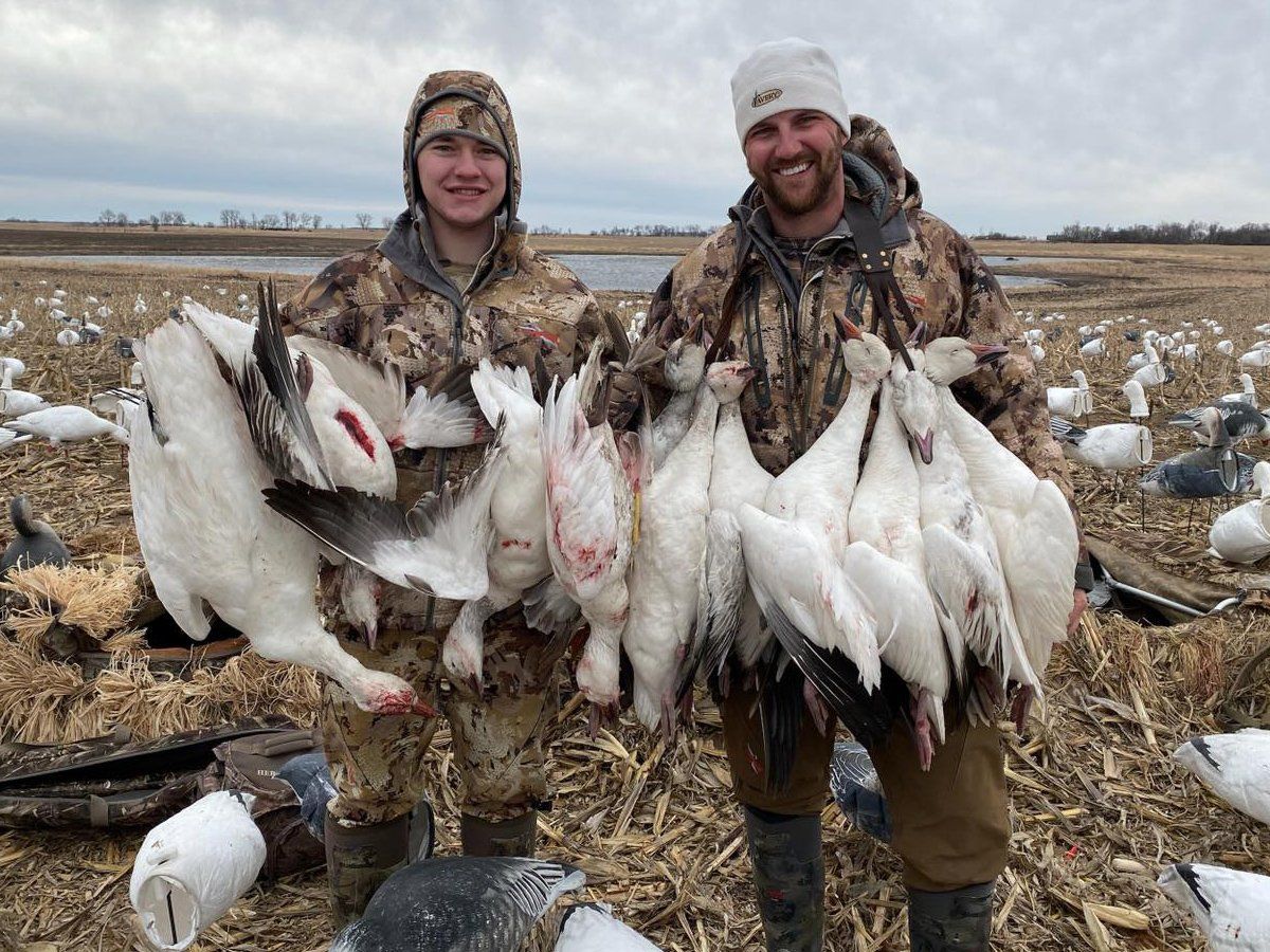 Two men are standing in a field holding a bunch of ducks.