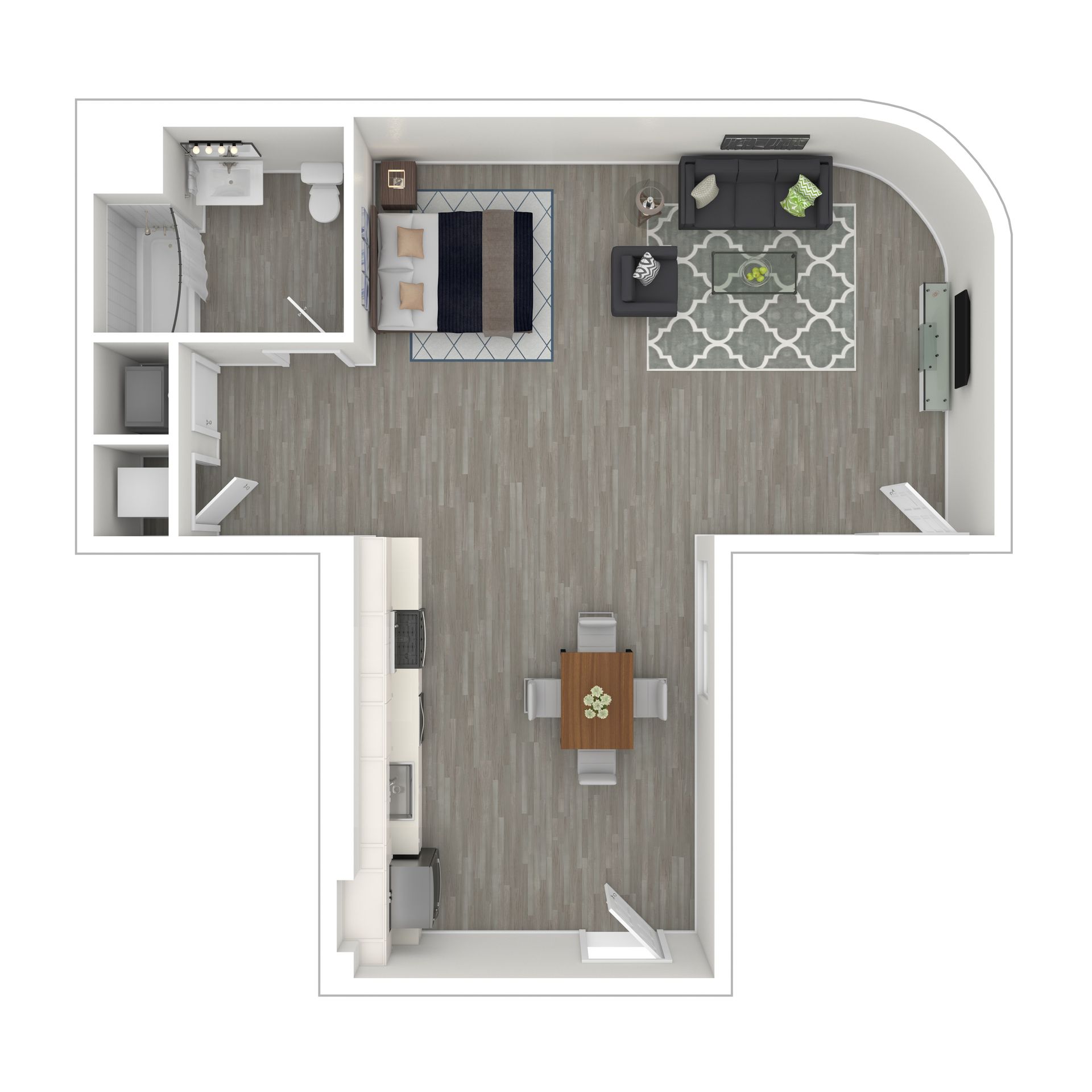 An aerial view of a floor plan of a small apartment.