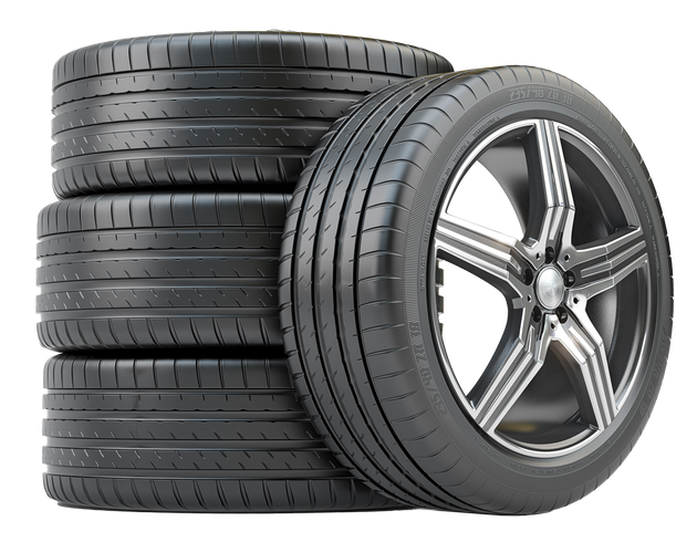 A stack of tires and wheels on a white background.