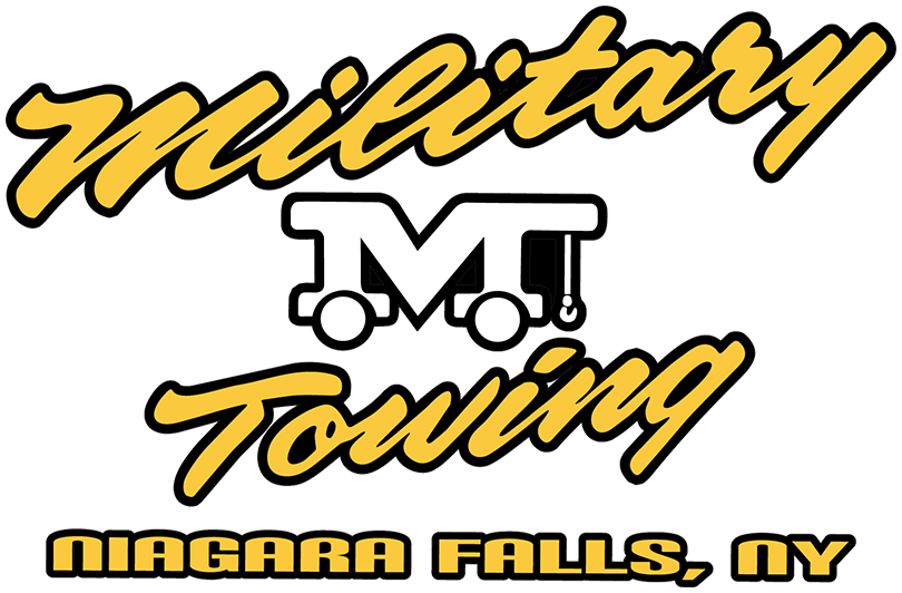 A logo for military towing in niagara falls ny