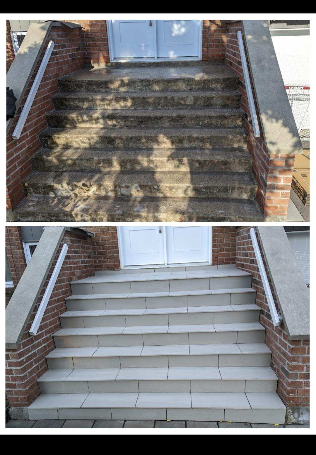 Une photo avant et après d'un ensemble d'escaliers.