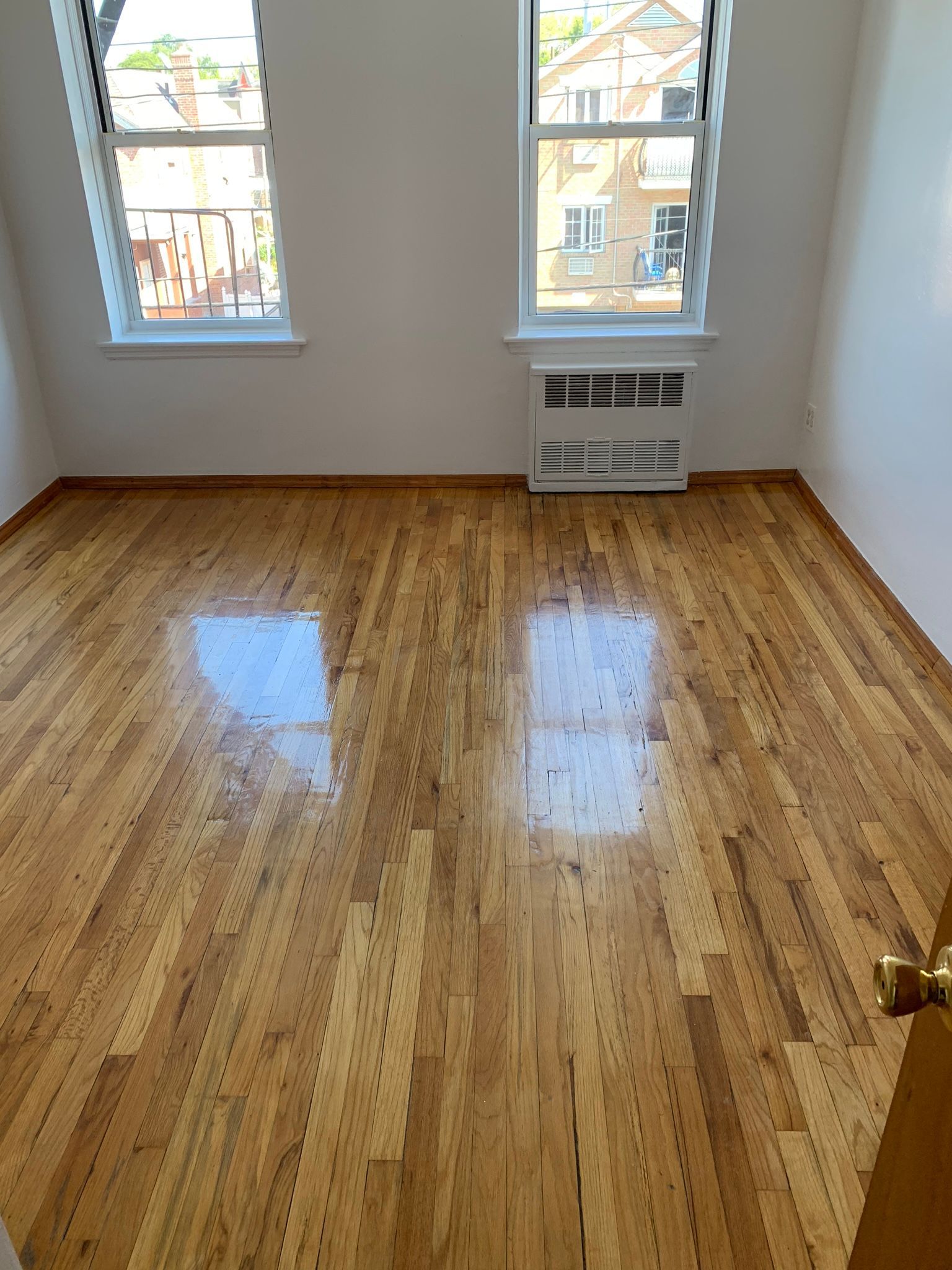 Empty room with hardwood floors, two windows, and a radiator.