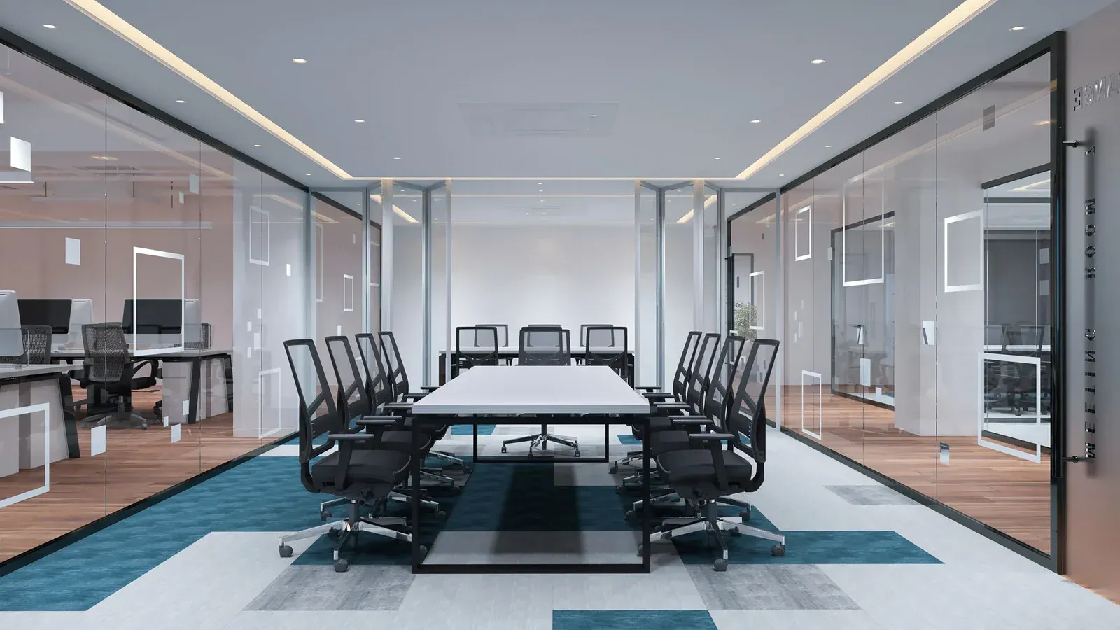 Modern office meeting room with long white table, black chairs, glass walls, and blue carpet.