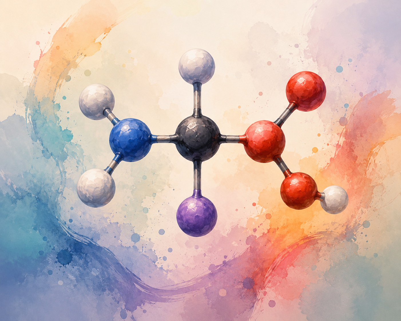 Stylized molecular model with blue, black, red, and purple spheres on a pastel watercolor background