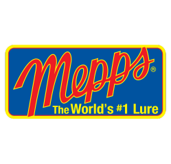 Logo for Mepps fishing lures: red cursive text on blue background, yellow border, 