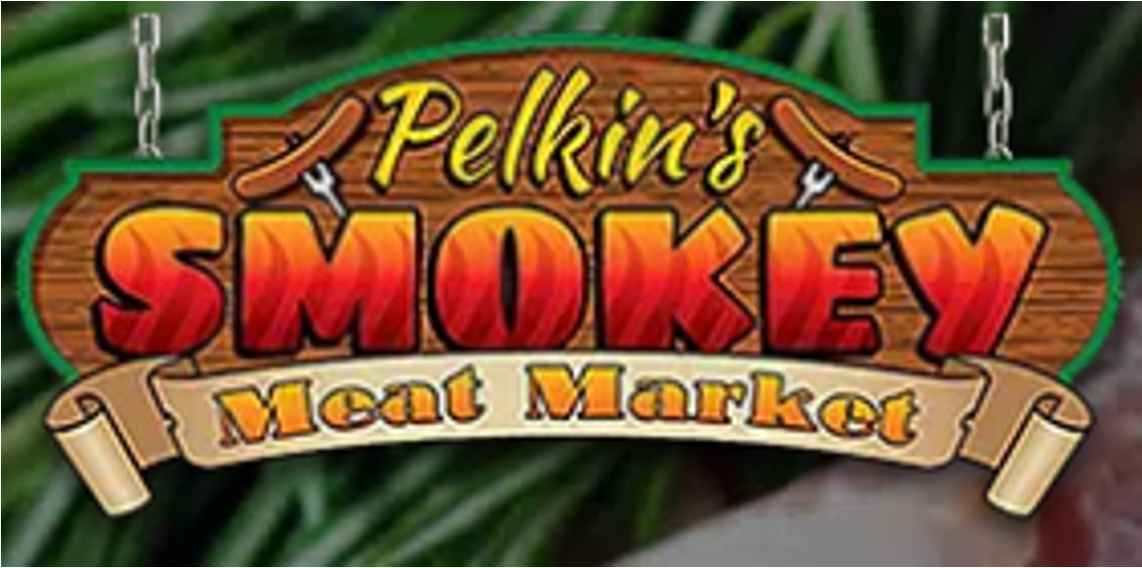 Sign for Pelkin's Smokey Meat Market with sausage, forks, and scroll banner on a wooden background.