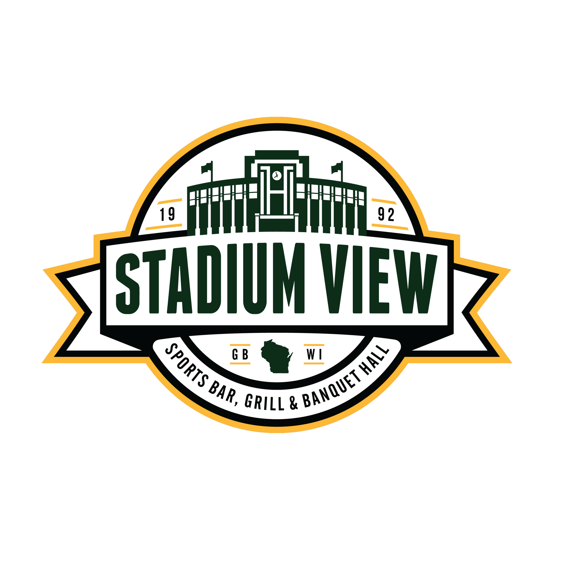 The logo for stadium view sports bar, grill and banquet hall.