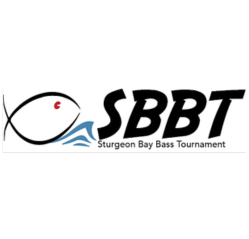 Logo: SBBT - Sturgeon Bay Bass Tournament, fish outline, waves, black text.