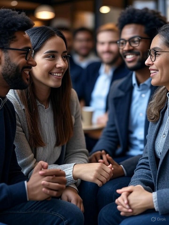 Four diverse people smiling and talking in a casual indoor setting, possibly a cafe or office.