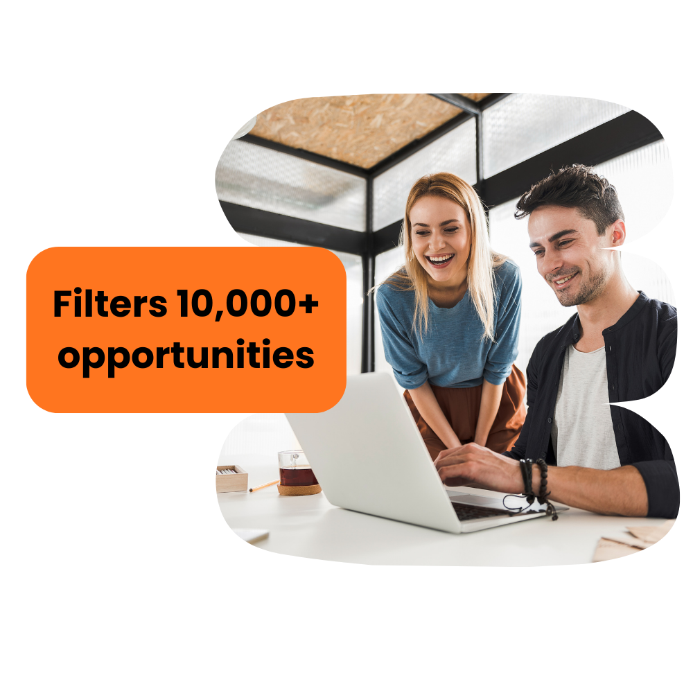 Two people smiling at a laptop, orange text reads 