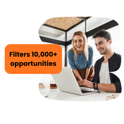 Two people smiling at a laptop, orange text reads 