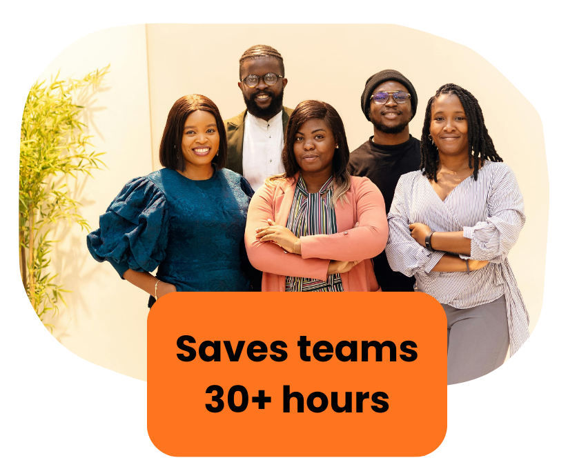 Group of six diverse people smiling, standing in front of a wall, orange text overlay says 