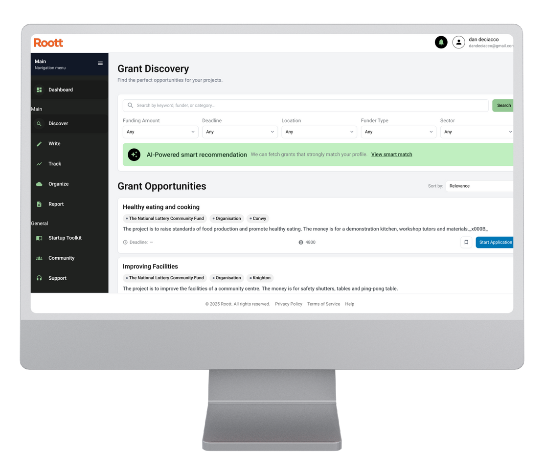 Computer monitor displaying a grant discovery platform with grant opportunities.
