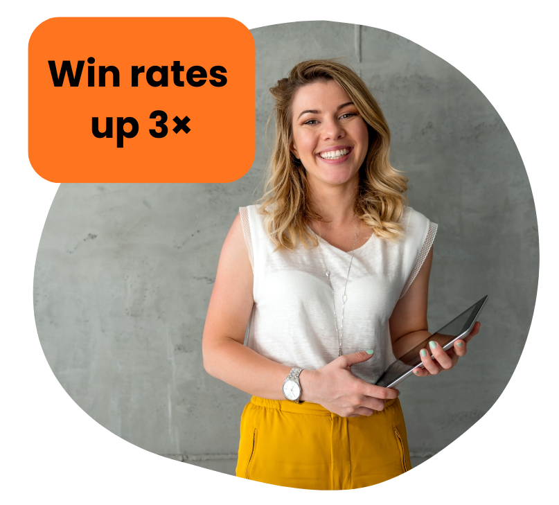 Woman smiling, holding tablet, set against a gray wall, with orange text: 