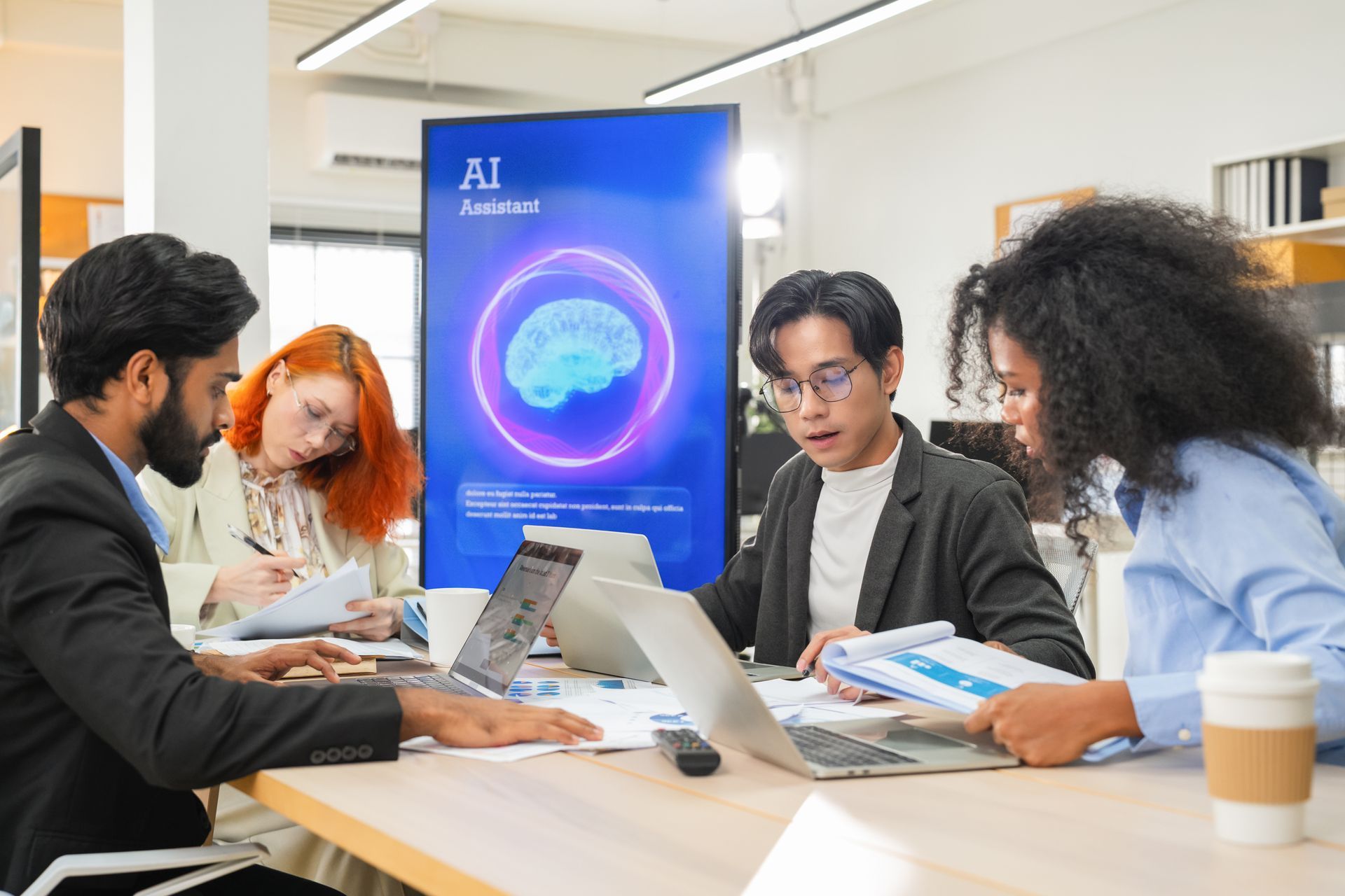 Four professionals collaborating around a table, analyzing data with laptops. A screen displays an AI graphic.