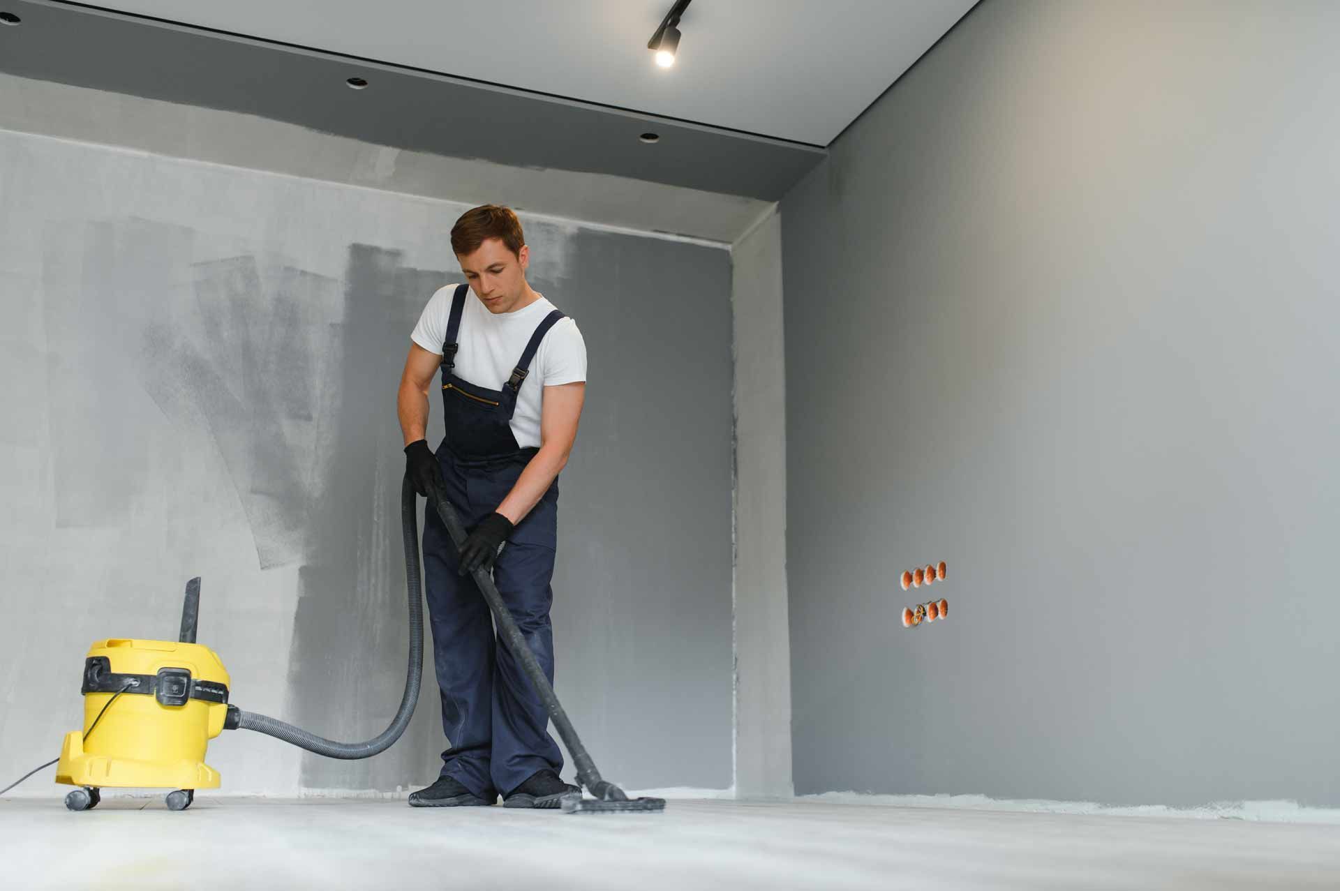 Man in blue overalls vacuuming a gray-walled room with a yellow vacuum cleaner.
