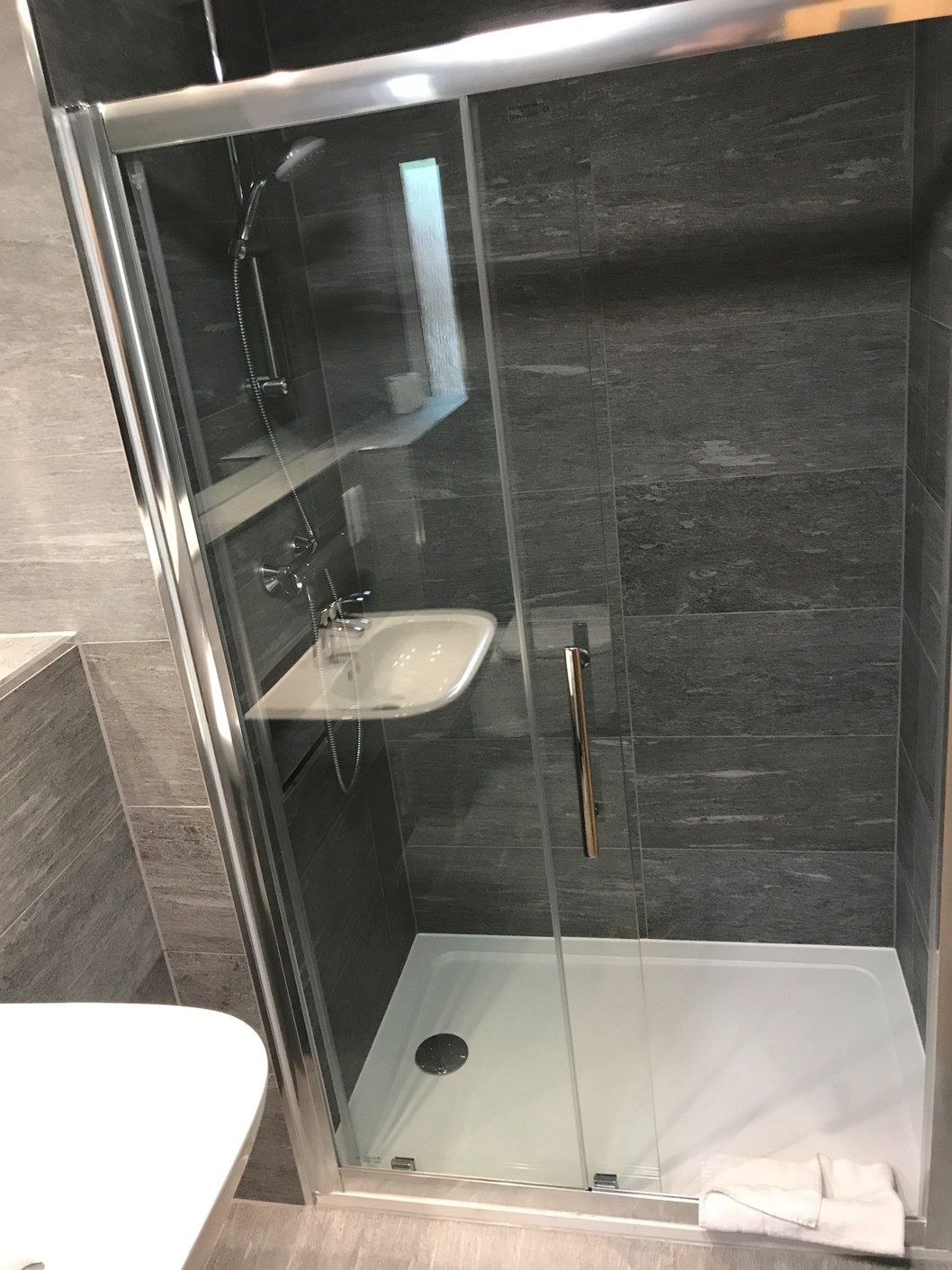 A bathroom with a walk in shower , sink and toilet.