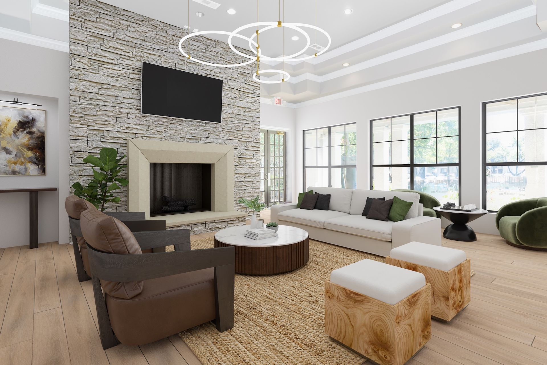 Luxurious living room with a fireplace, white sofa, and large windows.