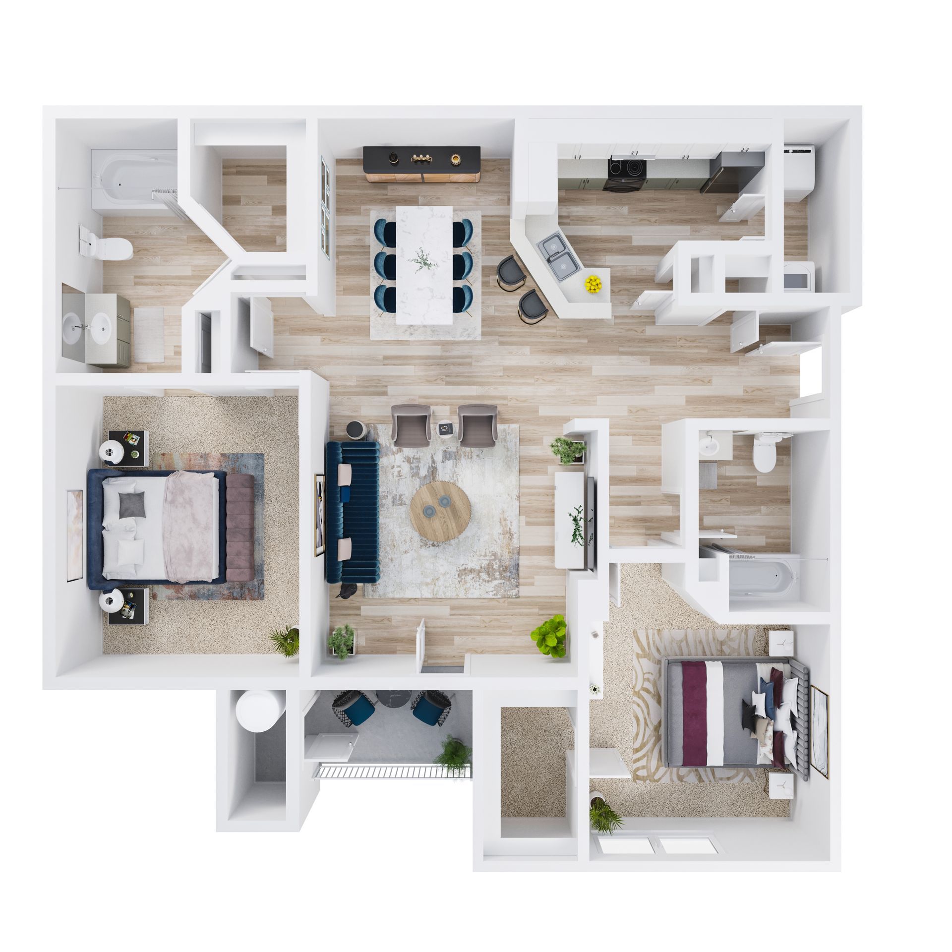 Floor plan of a two-bedroom apartment, showcasing rooms, furniture, and appliances.