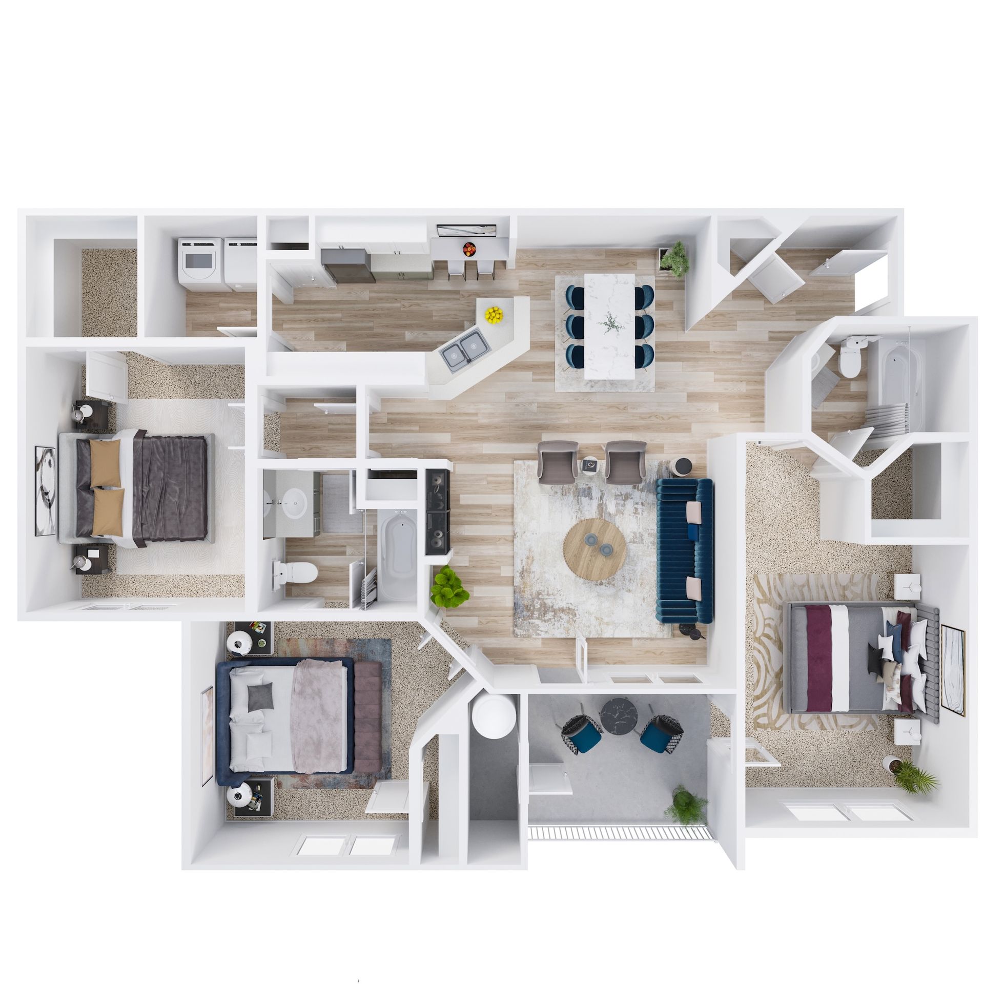 Floor plan of a three-bedroom apartment with a kitchen, dining area, and living room.