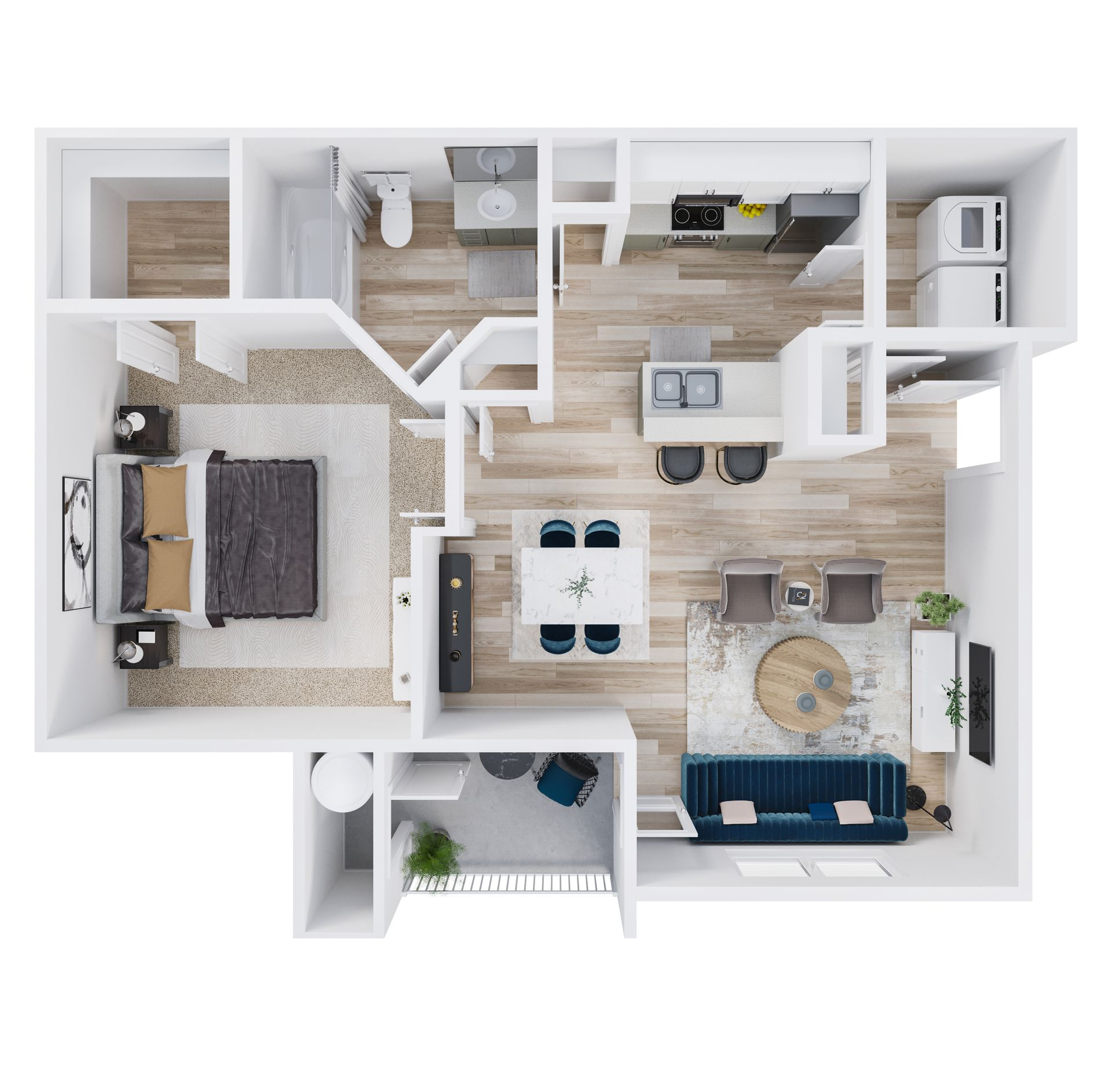 Floor plan of a two-bedroom apartment with kitchen, living, and dining areas, and a balcony.