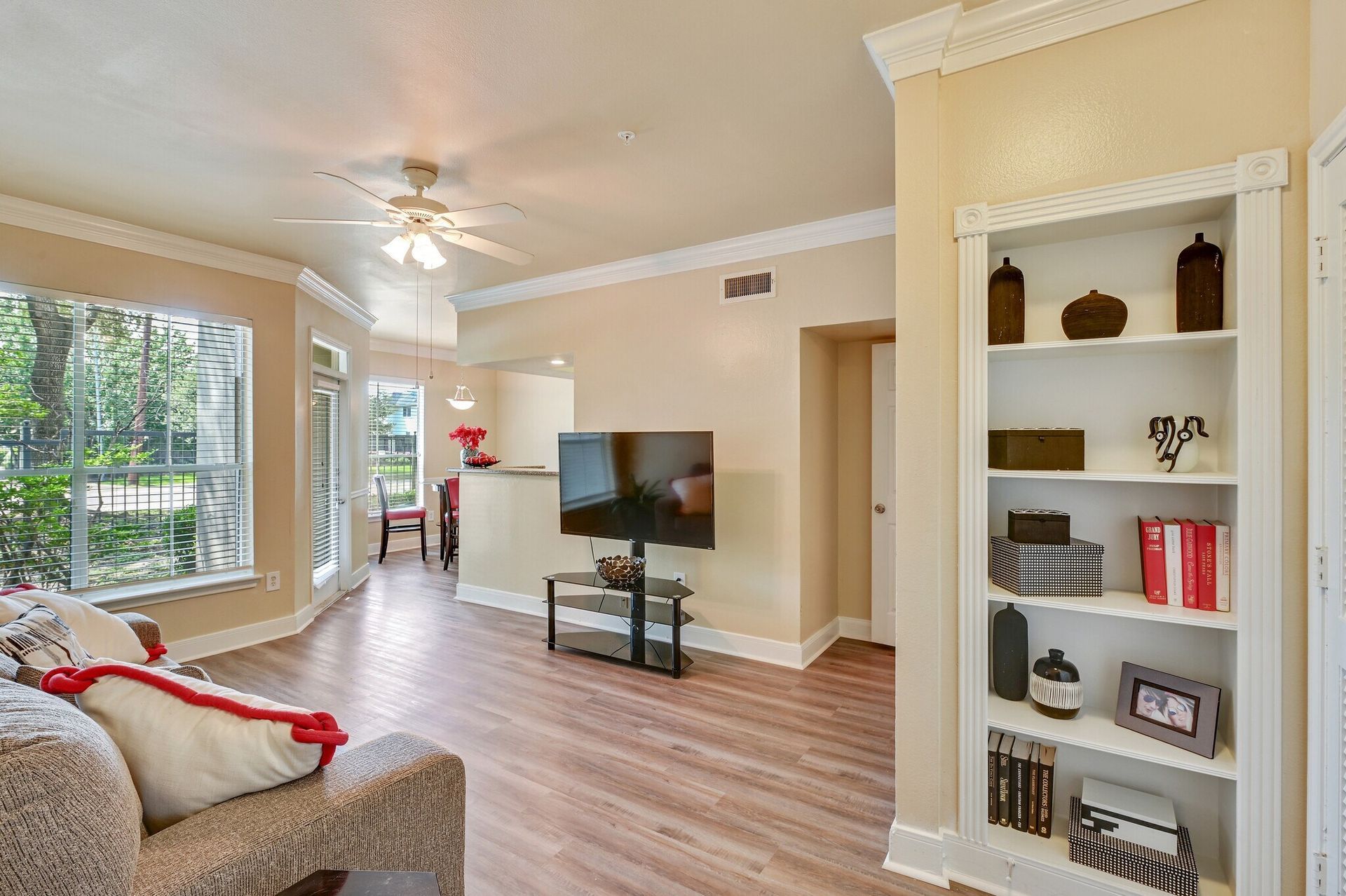 Living room with a TV, built-in shelves, and a window overlooking greenery.