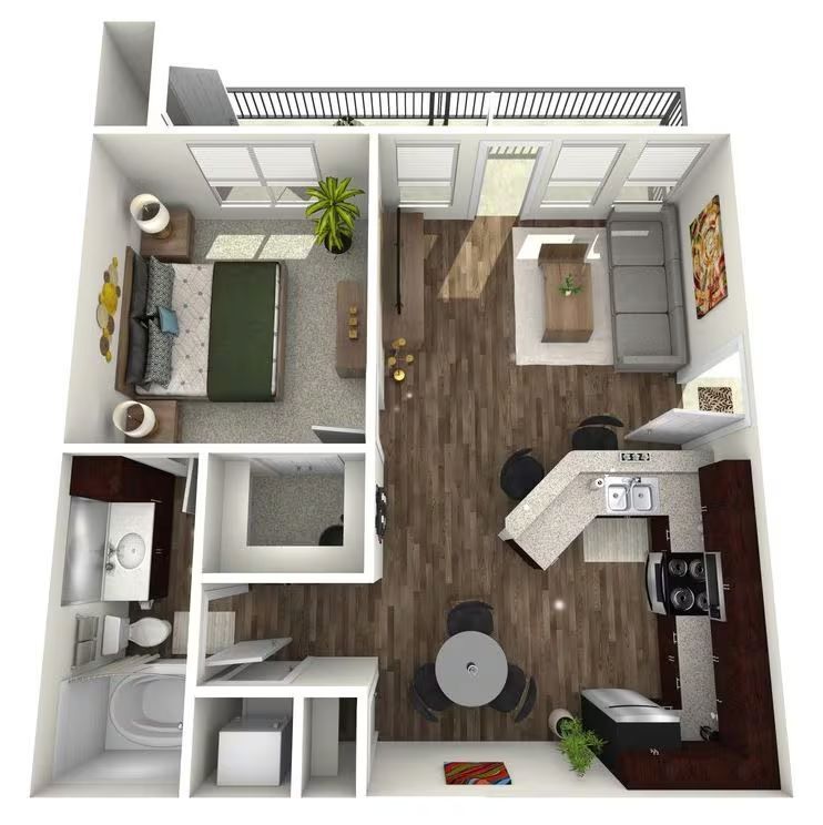 Top-down view of a modern apartment floor plan. Bedrooms, living area, and kitchen are visible, featuring furniture.