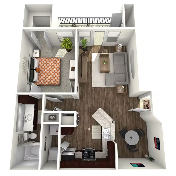 Floor plan of a one-bedroom apartment with a bedroom, kitchen, living room, and balcony.