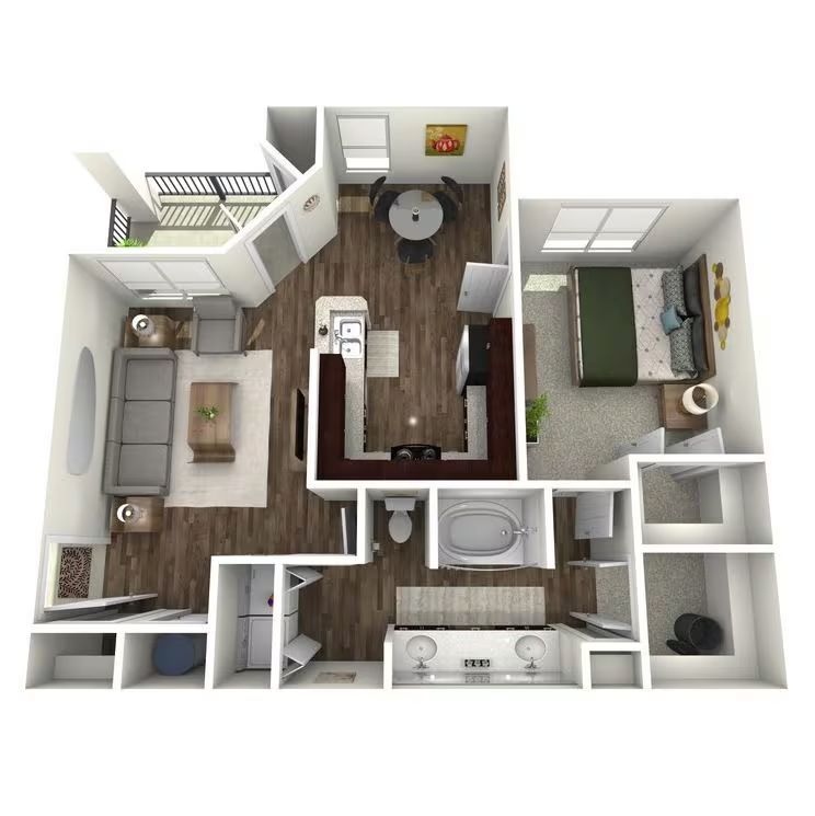 Floor plan of a one-bedroom apartment with a living area, kitchen, dining area, balcony, and bathroom.