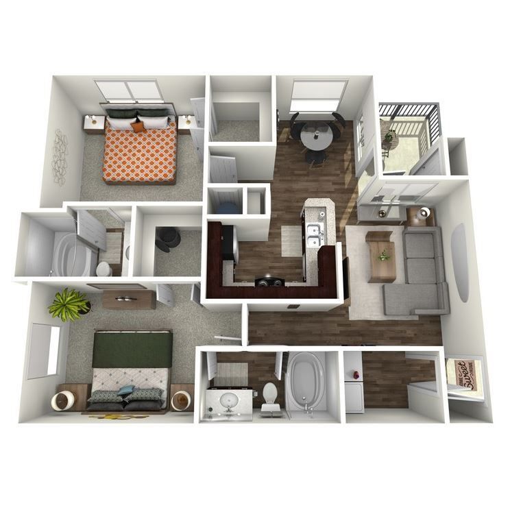 Floor plan of a two-bedroom apartment, with living room, kitchen, dining area, balcony, and two bathrooms.