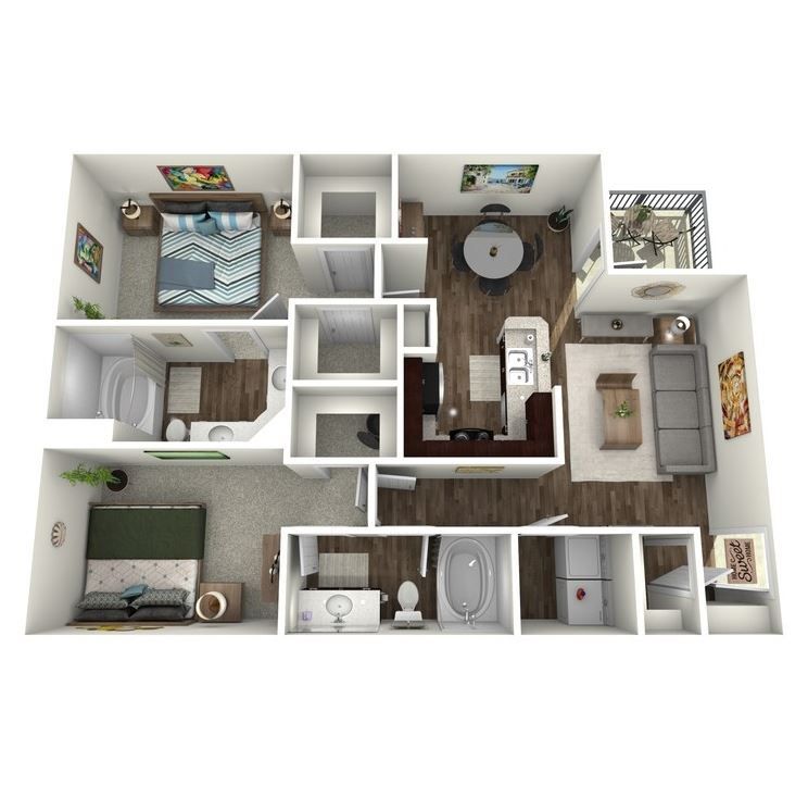 Floor plan of an apartment, showing the layout of rooms, furniture, and appliances.