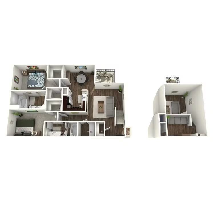 Floor plan rendering of a two-bedroom apartment, with furniture and structural details.