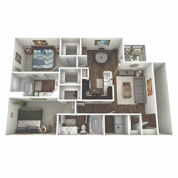 3D floor plan of an apartment with two bedrooms, a kitchen, a living room, and two bathrooms.