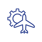 A line drawing of an airplane and a gear.