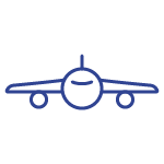 A blue line drawing of an airplane on a white background.