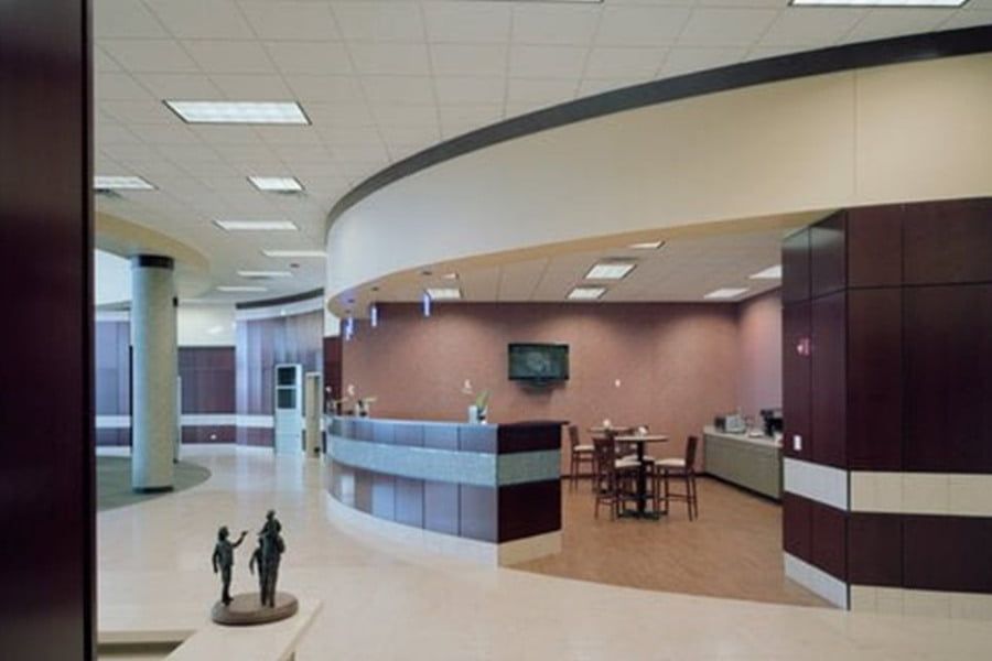 The inside of a building with a curved ceiling