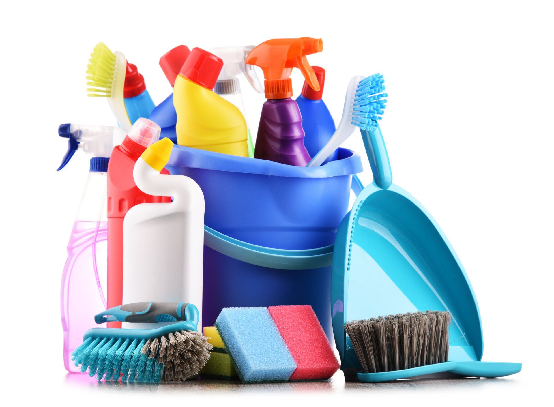 Get your custom estimate today! Bundle of cleaning supplies neatly stacked together