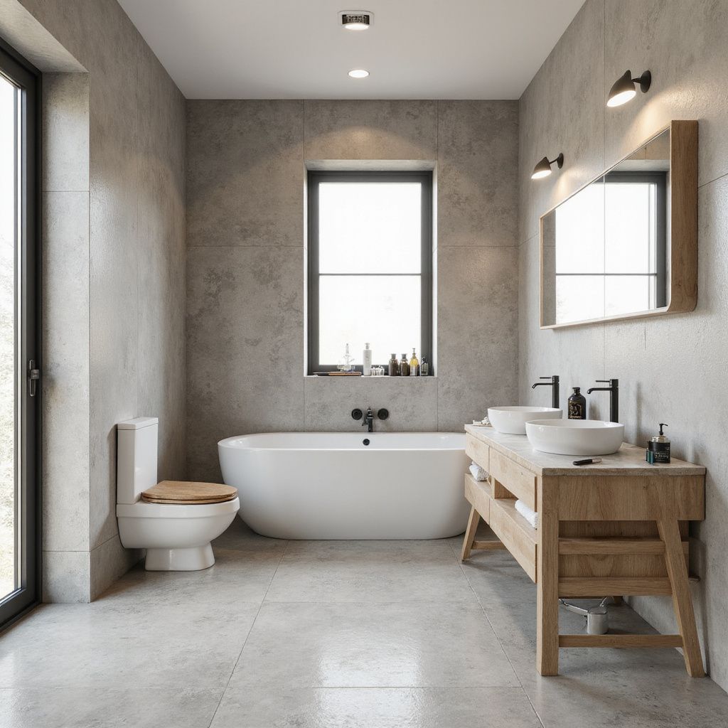 Bathroom with white tub, toilet, and vanity against gray concrete walls.