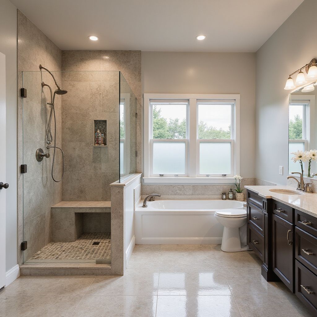 Modern bathroom with walk-in shower, soaking tub, dark wood vanity, and window. Light gray walls and flooring.