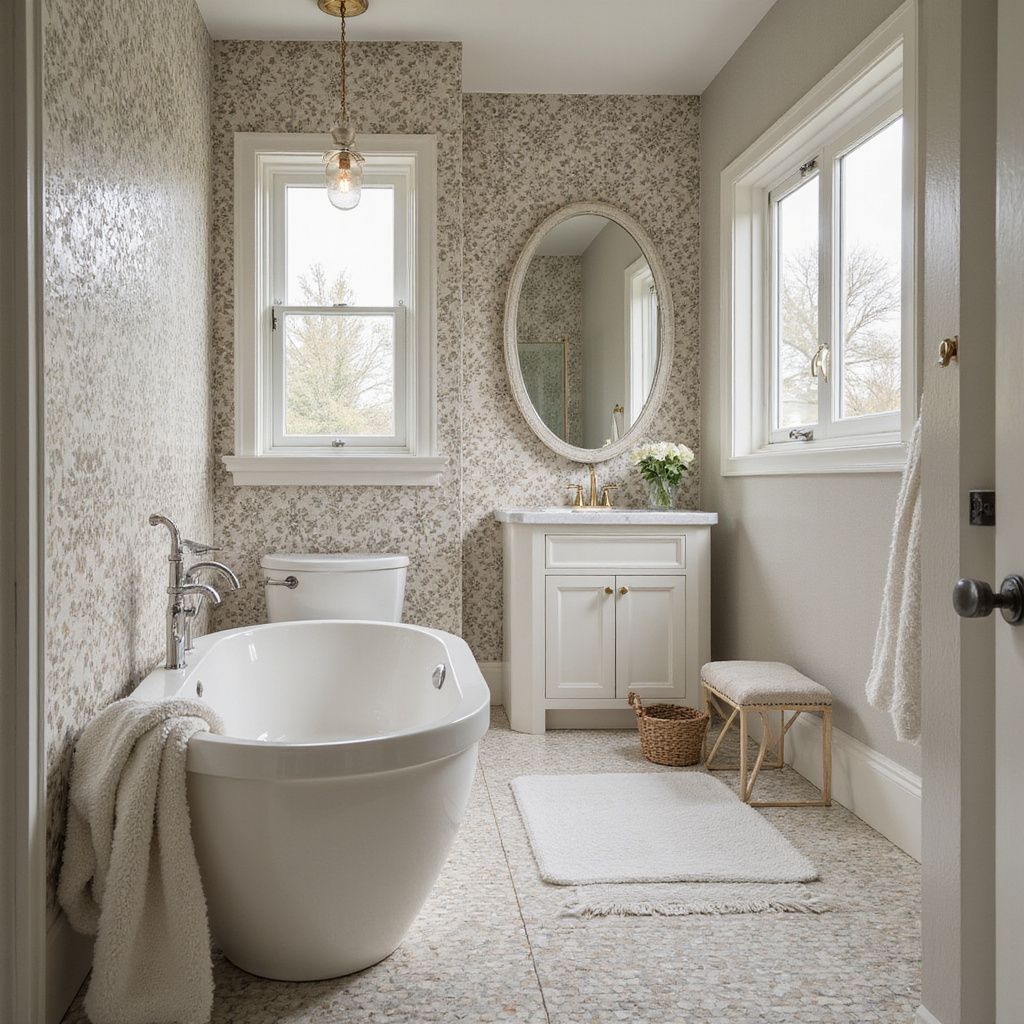 Cozy bathroom with a white tub, oval mirror, and floral wallpaper.