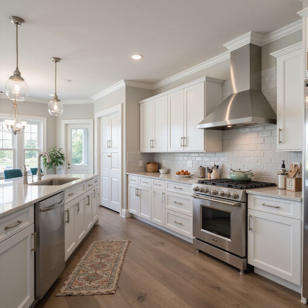 Bright white kitchen with stainless steel appliances, white cabinets, and wood floors.