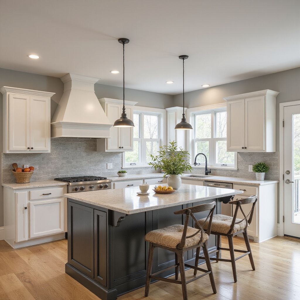 Modern kitchen with white cabinets, dark island, and pendant lights.