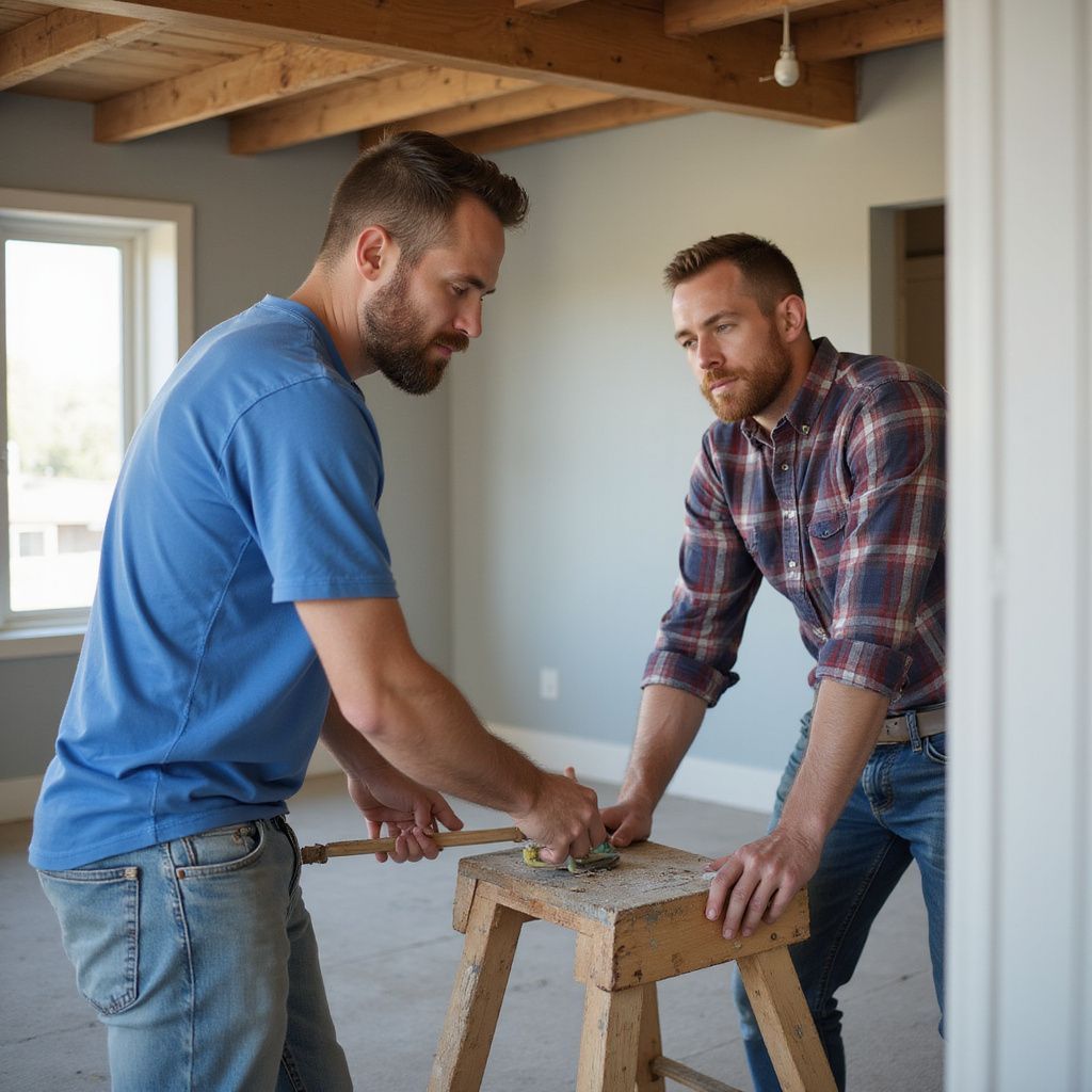 Two men working together in an unfinished room, using a hammer on a wooden block.