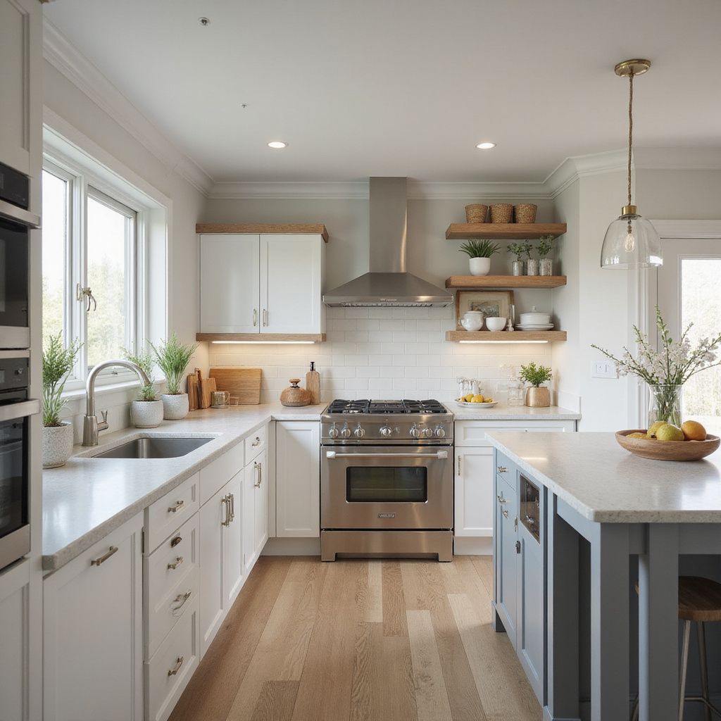 Bright white kitchen with stainless steel appliances, light wood floors, and gray island.