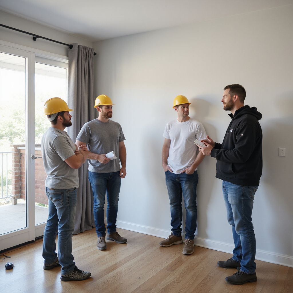 Four people in a room wearing hard hats and jeans discussing plans near a white wall and a glass door.