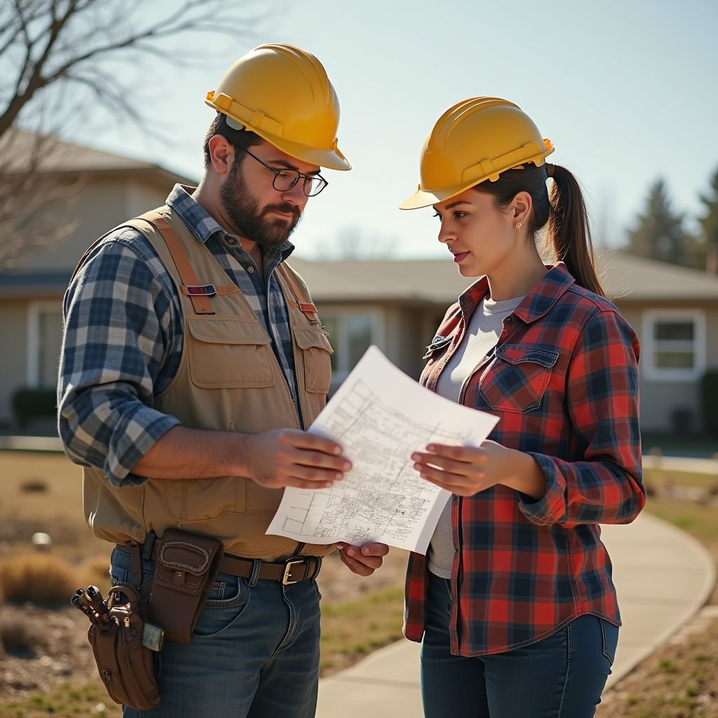 Two people in hard hats reviewing blueprints outdoors.
