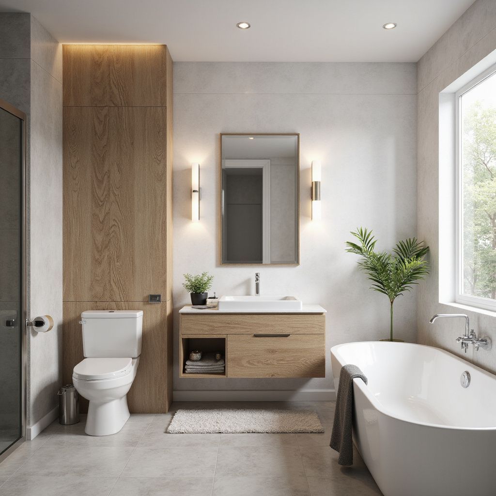Modern bathroom with wooden vanity, white tub, and large window.