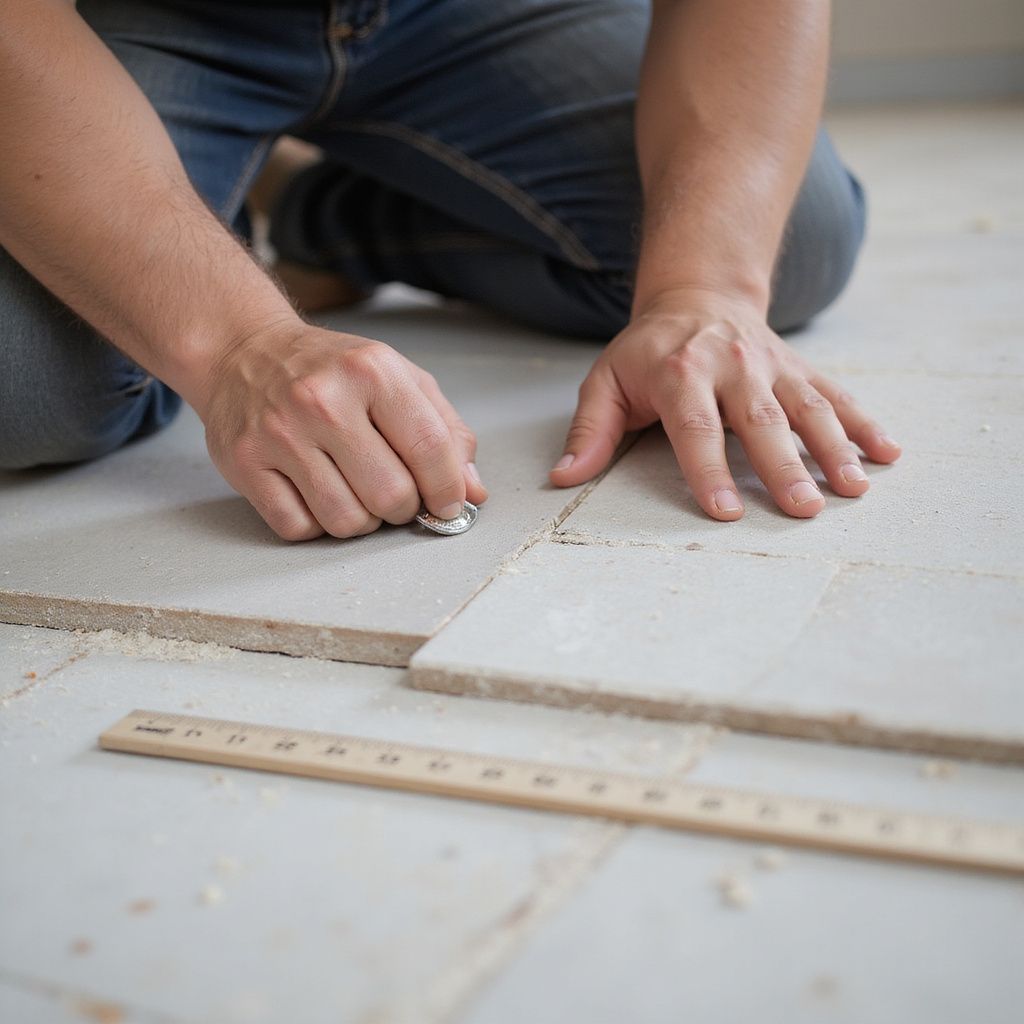 Person kneeling, cutting flooring tile with a utility knife, next to a ruler.