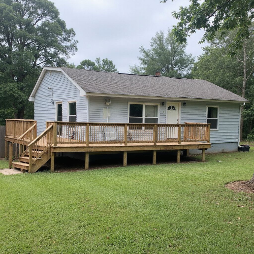 Light blue house with wooden deck, steps, and green lawn in a wooded area.