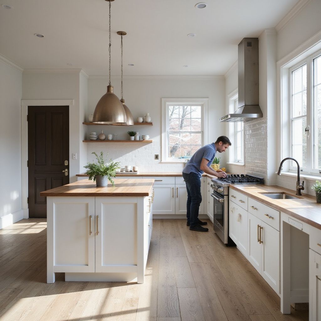 A man cooks in a bright kitchen with white cabinets, wood countertops, and a stainless steel range hood.